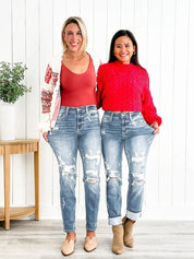 Tummy Control Distressed Cuffed Boyfriend Jeans
