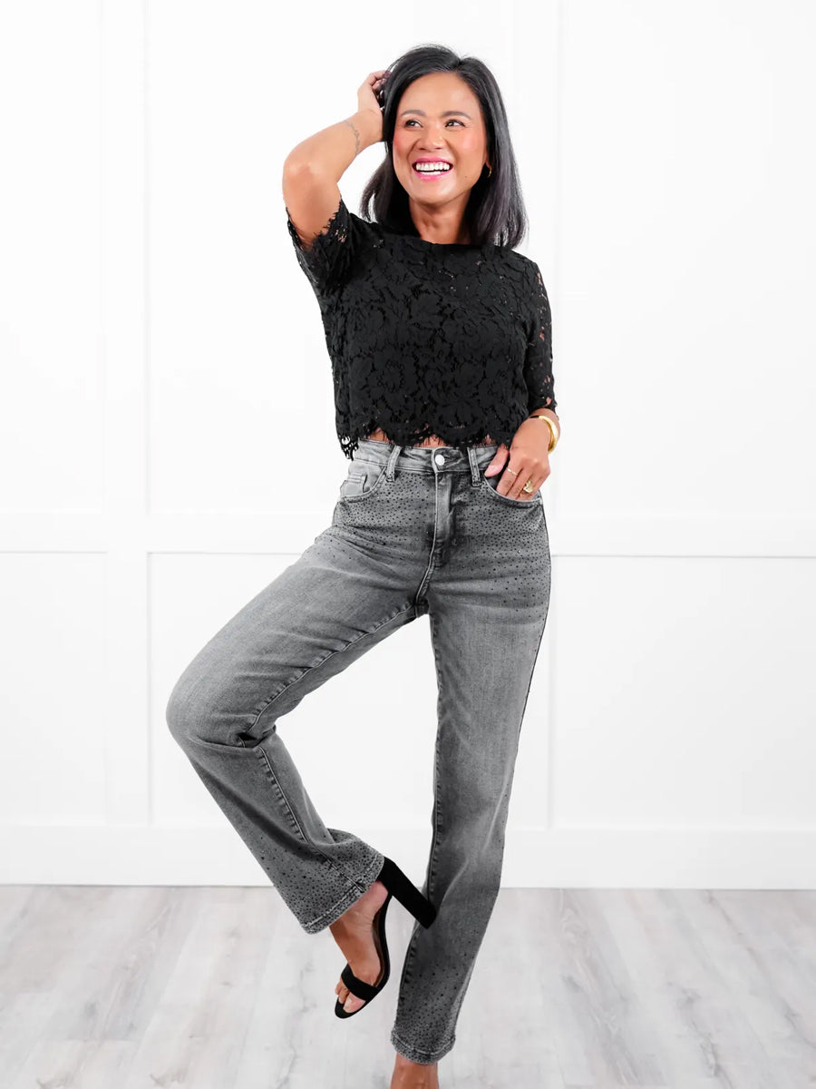 High Rise Grey Rhinestone Straight Leg Jeans