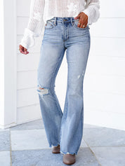 Date Night Mid Rise Medium Wash Tummy Control Distressed Flare Jeans