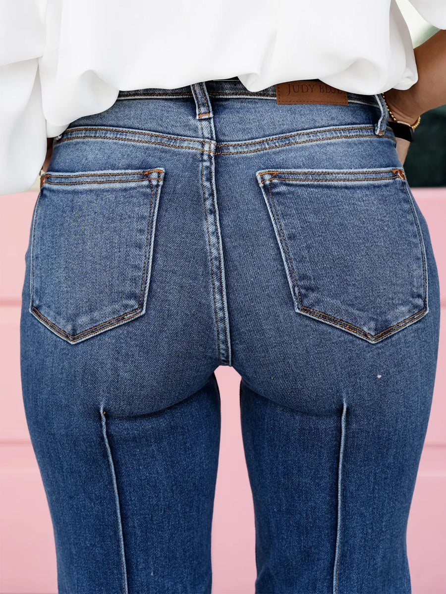 Straight to the Heart High Rise Medium Wash Front Seam Cuffed Straight Leg Jeans