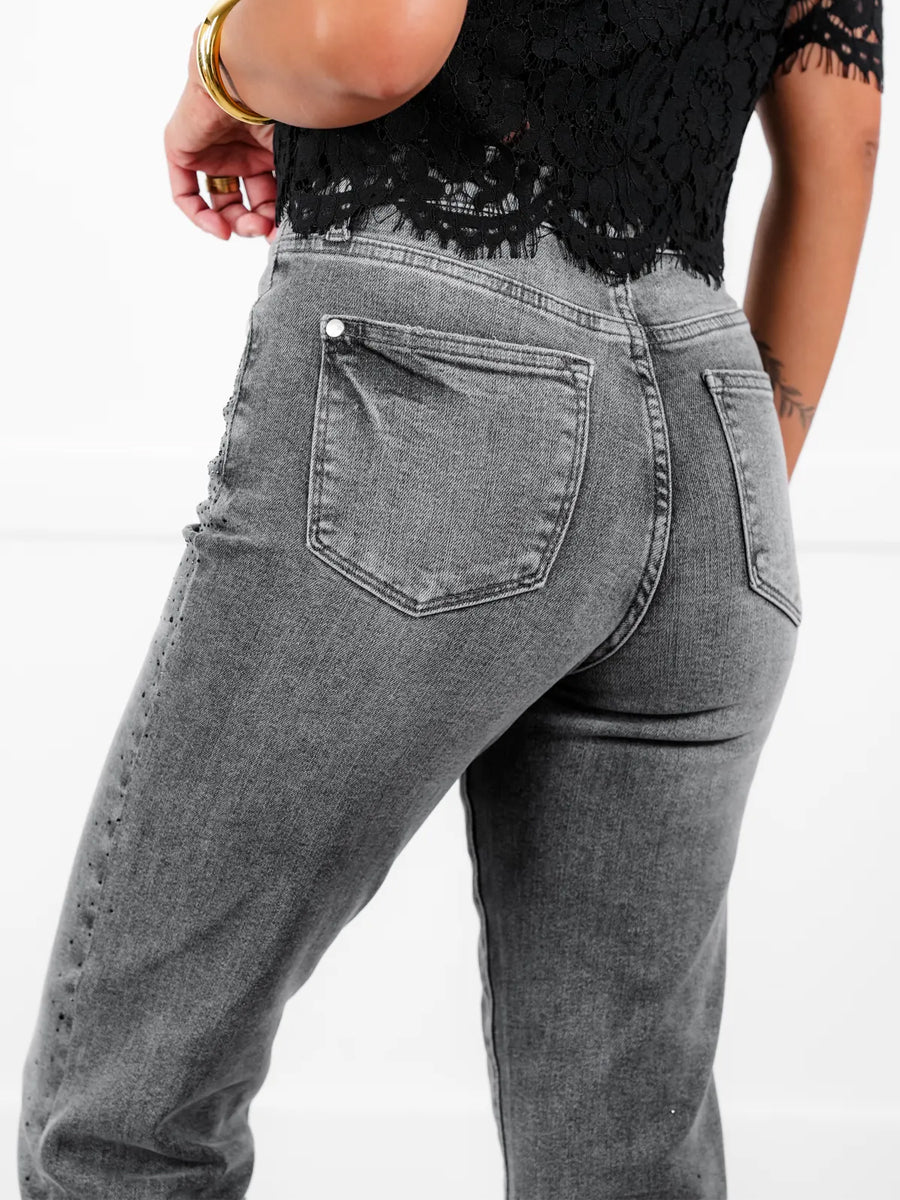 High Rise Grey Rhinestone Straight Leg Jeans