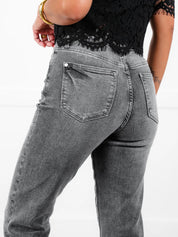 High Rise Grey Rhinestone Straight Leg Jeans
