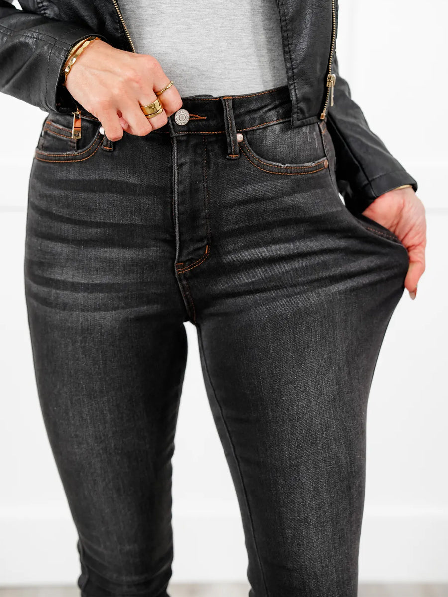 Black Dog High Rise Black Wash with Contrast Thread Tummy Control Skinny Jeans