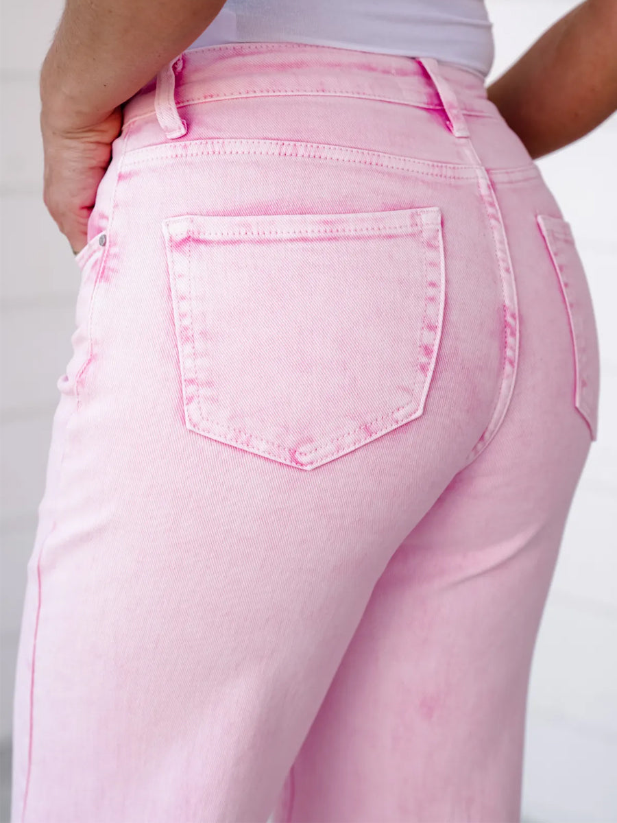 FP x Risen High Rise Acid Pink Tummy Control Wide Leg Jeans