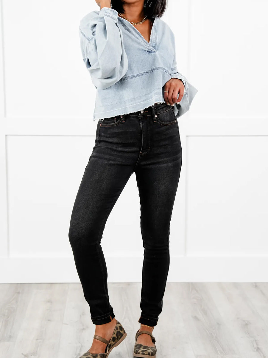 Black Dog High Rise Black Wash with Contrast Thread Tummy Control Skinny Jeans