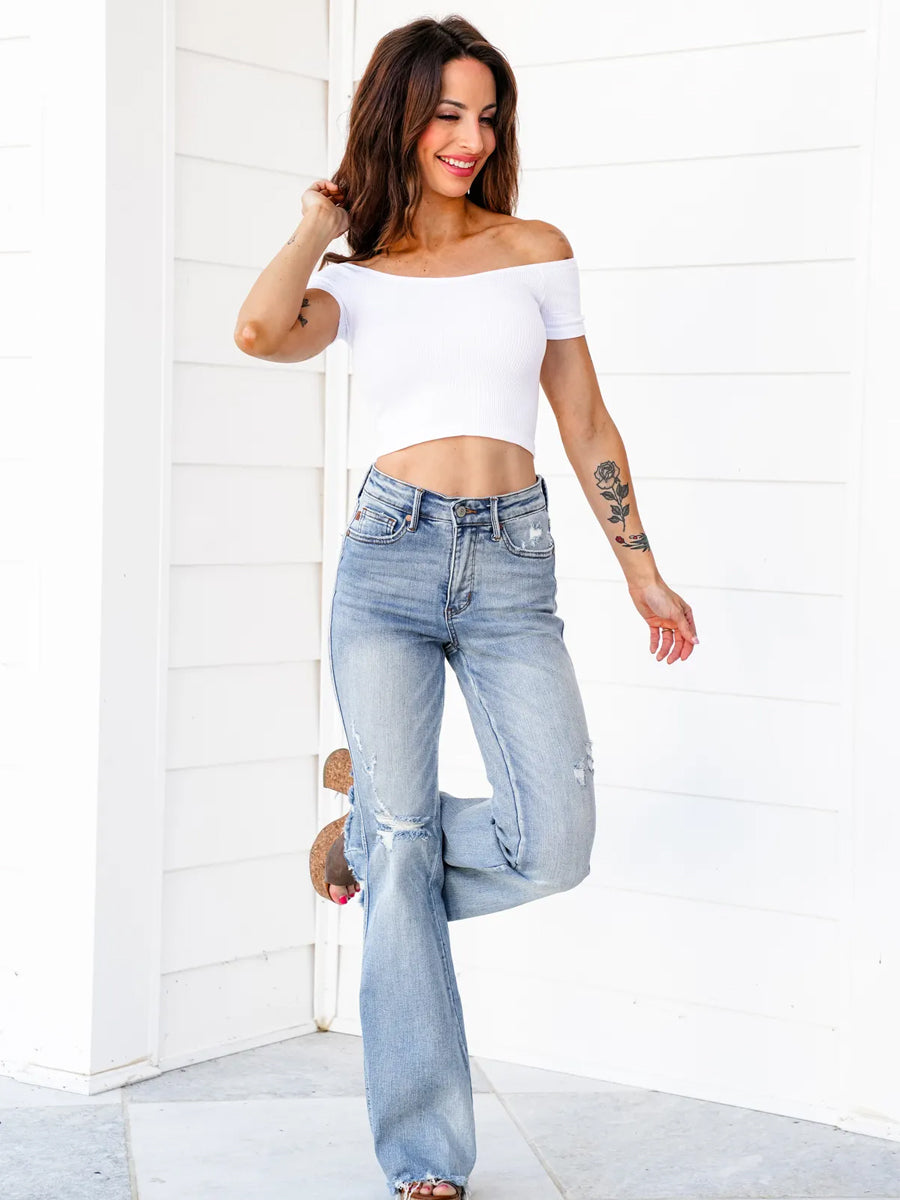 Date Night Mid Rise Medium Wash Tummy Control Distressed Flare Jeans