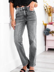 High Rise Grey Rhinestone Straight Leg Jeans
