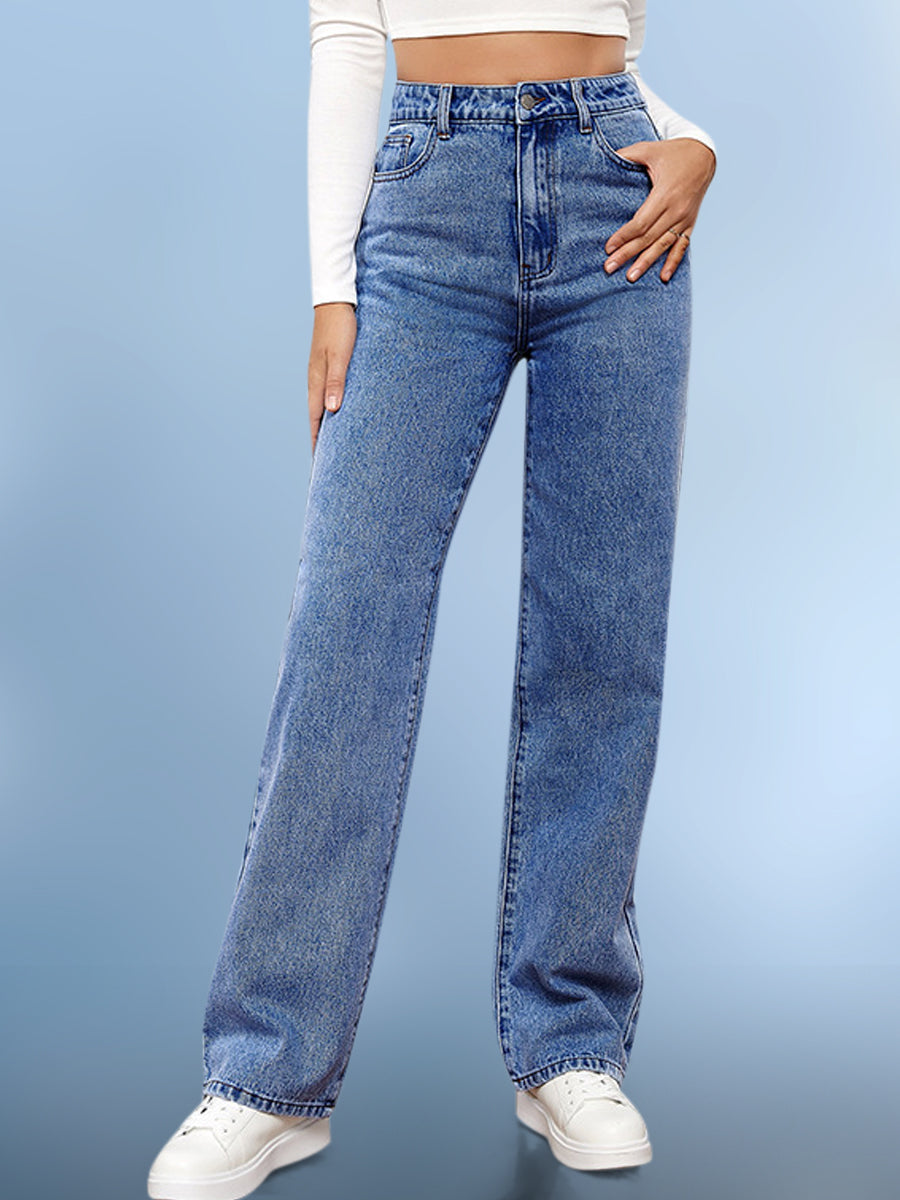 High-Waisted Washed Casual Straight-leg Jeans
