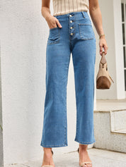 High Waist Stretch Dual Front Pockets Straight Leg Jeans