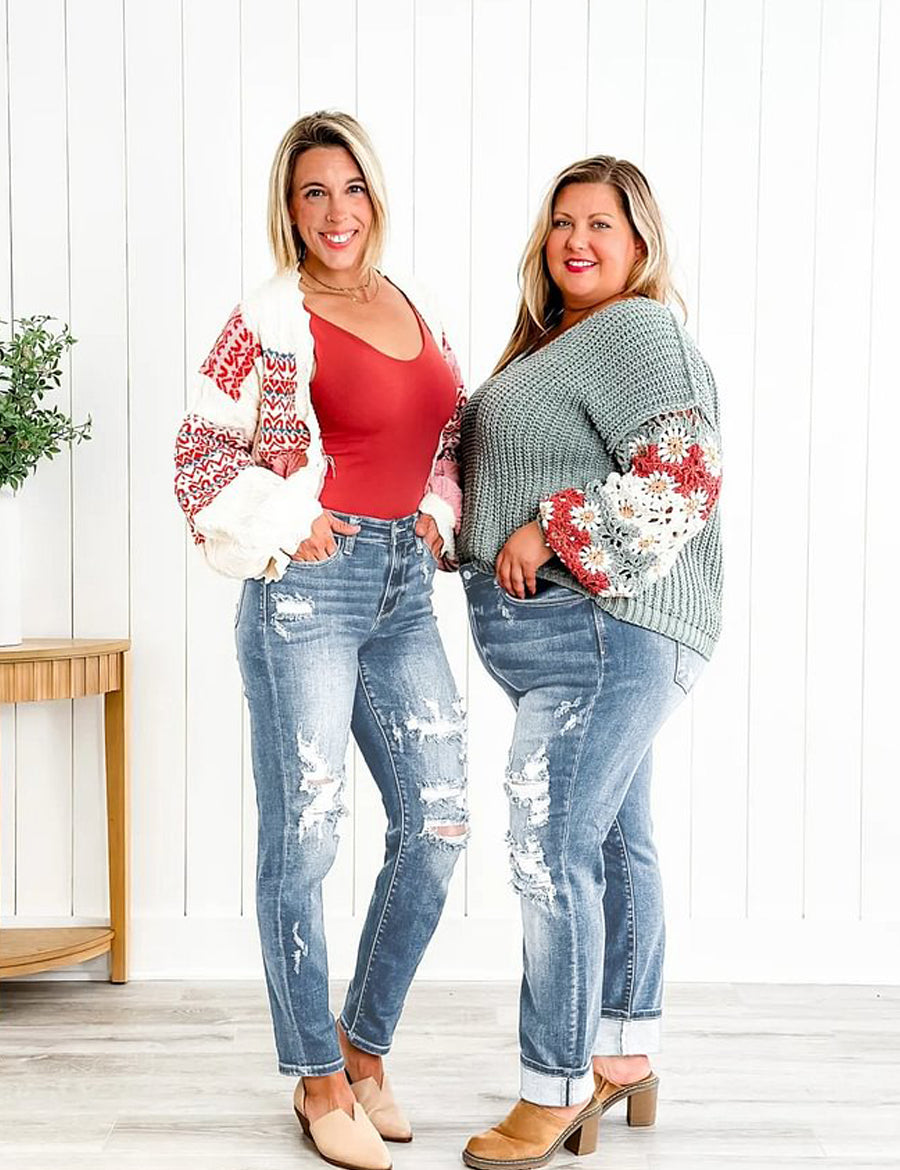 Tummy Control Distressed Cuffed Boyfriend Jeans