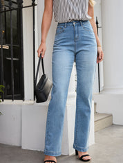 High Waist Wash Stretch Slim Straight-Leg