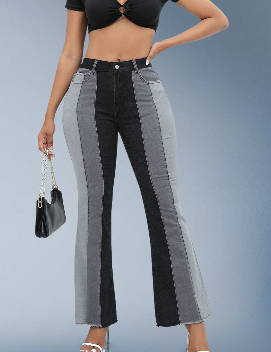 Dark Blue Patches High Waist Flare Jeans For Women