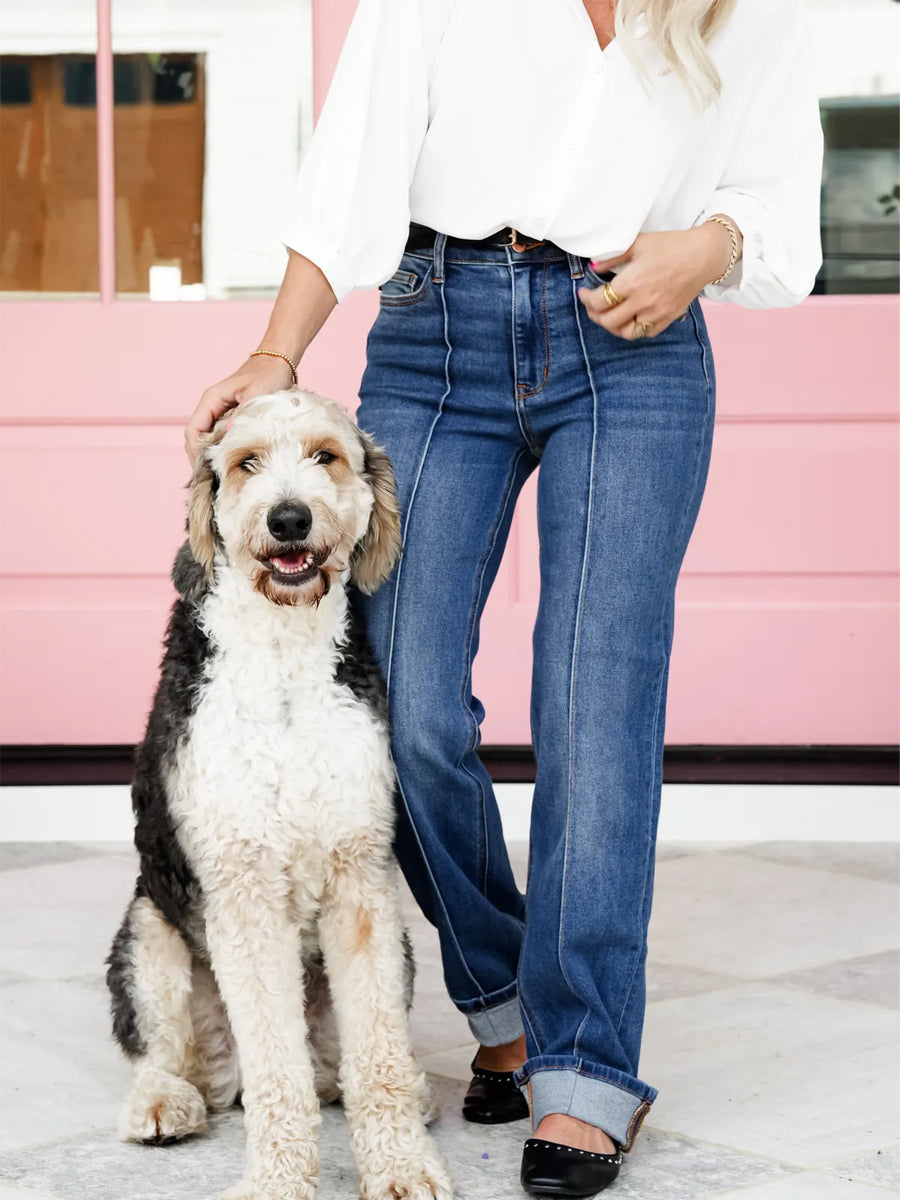 Straight to the Heart High Rise Medium Wash Front Seam Cuffed Straight Leg Jeans