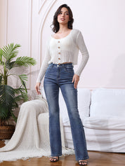 High Waist Retro Slim Washed Flared Jeans