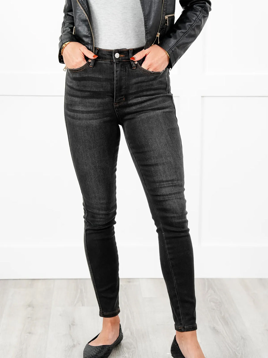 Black Dog High Rise Black Wash with Contrast Thread Tummy Control Skinny Jeans