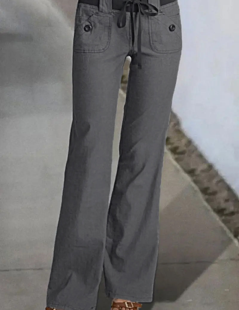 Button Detail Drawstring Low Rise Flare Pants