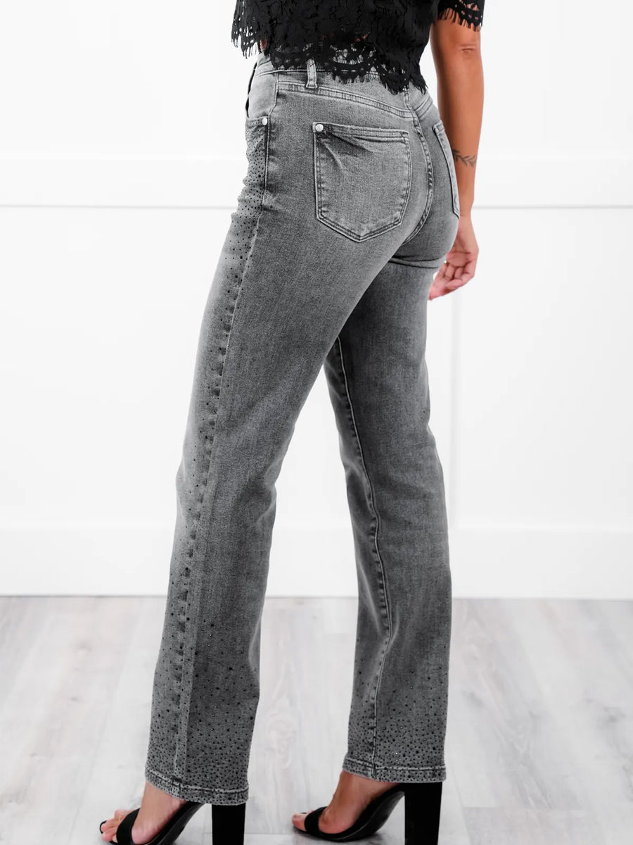 High Rise Grey Rhinestone Straight Leg Jeans