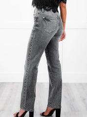 High Rise Grey Rhinestone Straight Leg Jeans