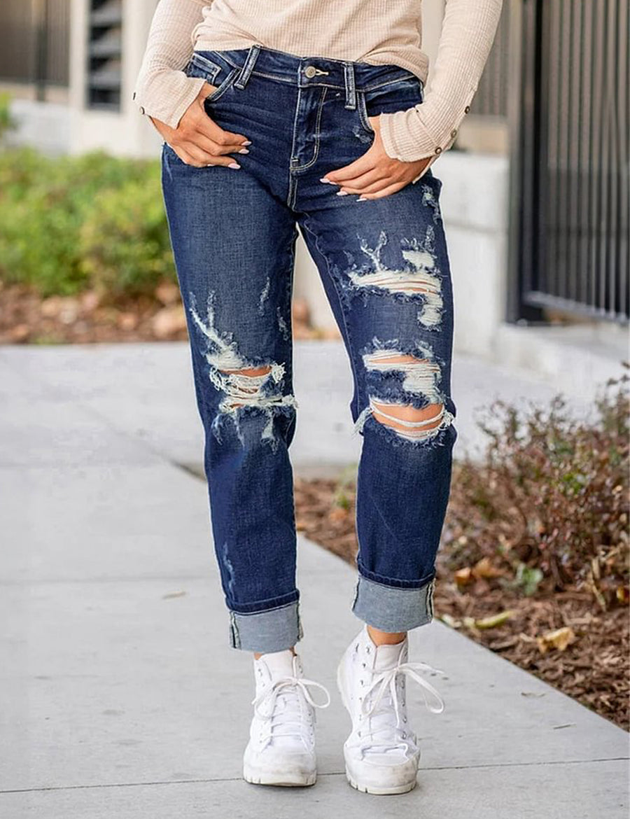 Tummy Control Distressed Cuffed Boyfriend Jeans