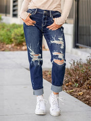 Tummy Control Distressed Cuffed Boyfriend Jeans