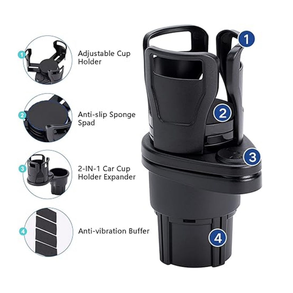 4-in-1 Car Cup Holder Expander Adapter with Adjustable Base Drinks Organizer
