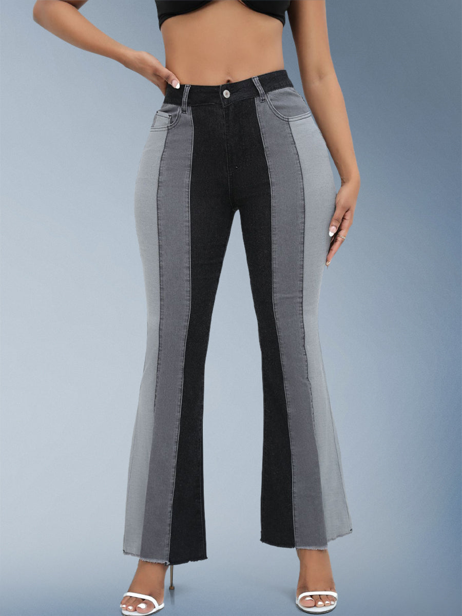 Dark Blue Patches High Waist Flare Jeans For Women