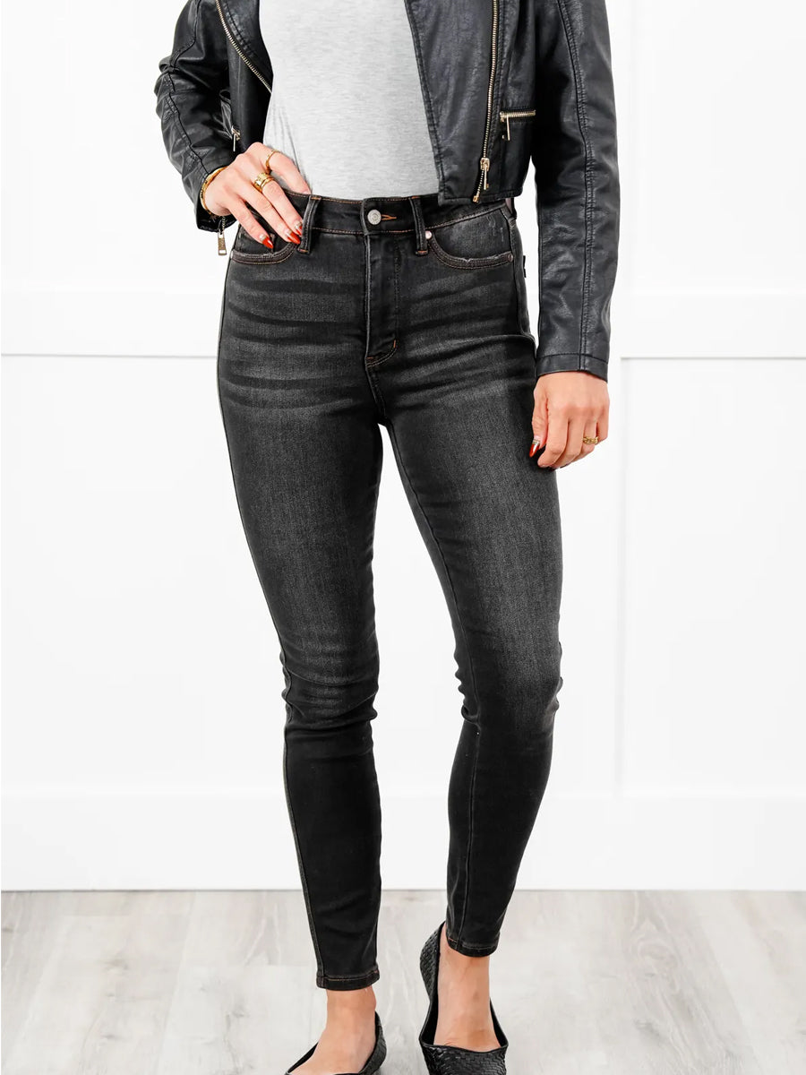 Black Dog High Rise Black Wash with Contrast Thread Tummy Control Skinny Jeans