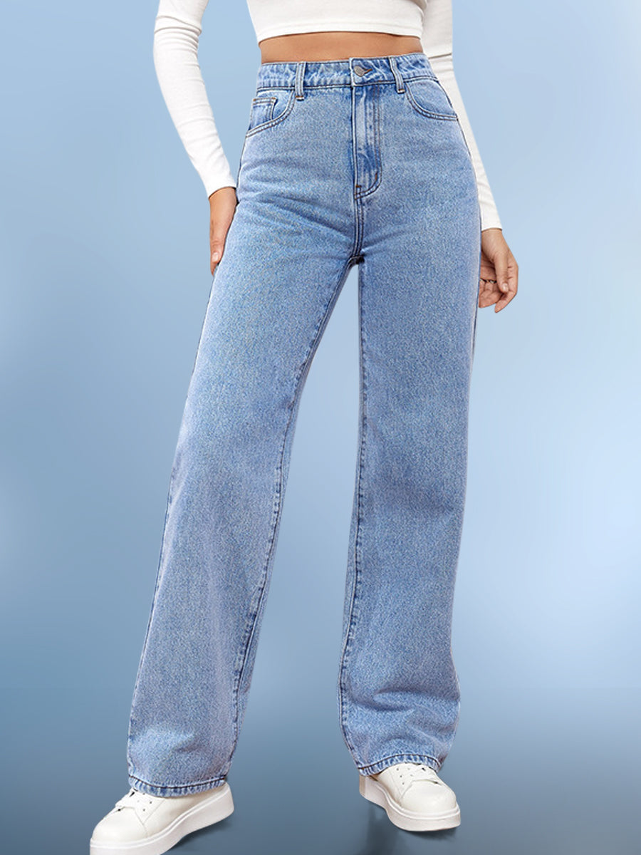 High-Waisted Washed Casual Straight-leg Jeans