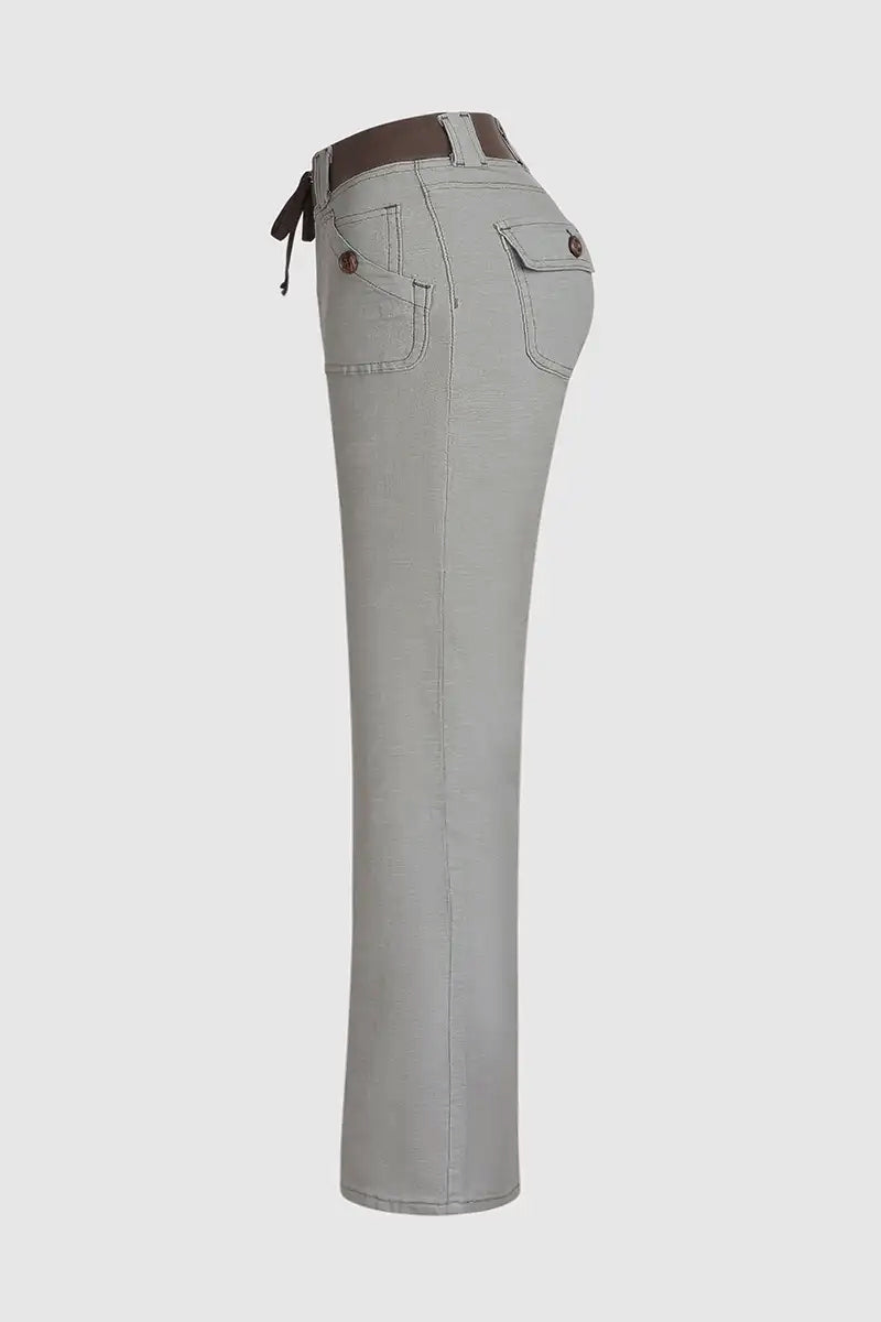 Button Detail Drawstring Low Rise Flare Pants