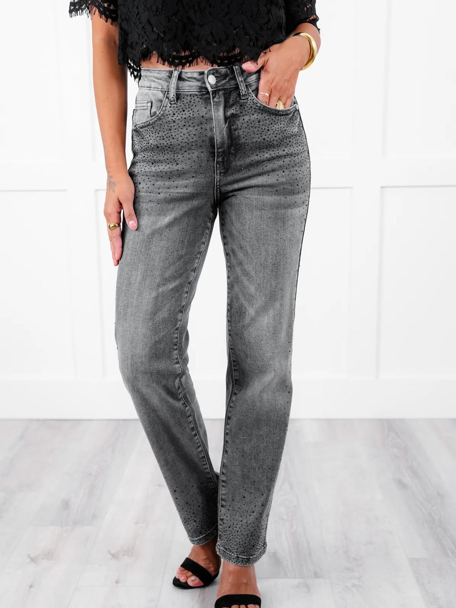 High Rise Grey Rhinestone Straight Leg Jeans