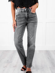 High Rise Grey Rhinestone Straight Leg Jeans