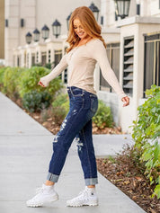 Tummy Control Distressed Cuffed Boyfriend Jeans