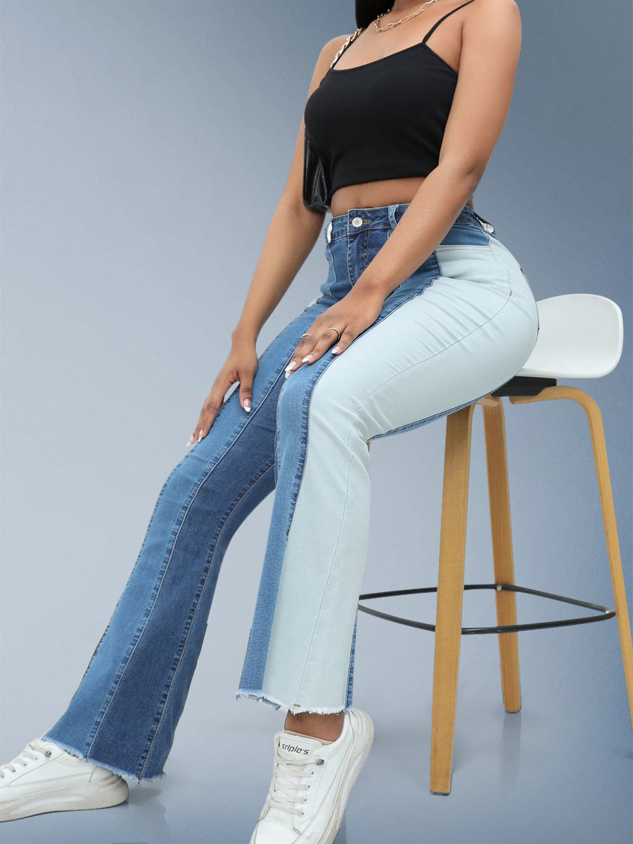 Dark Blue Patches High Waist Flare Jeans For Women