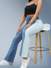 Dark Blue Patches High Waist Flare Jeans For Women