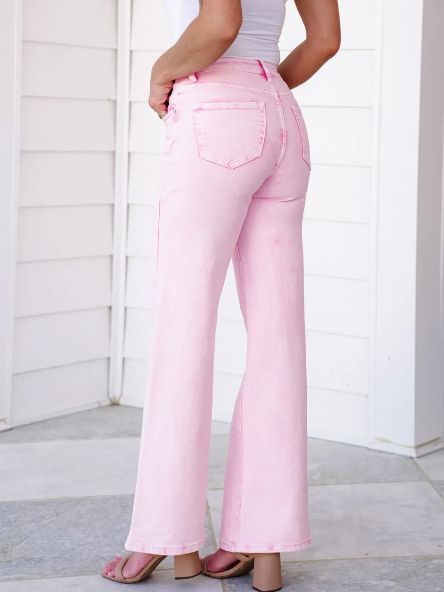 FP x Risen High Rise Acid Pink Tummy Control Wide Leg Jeans