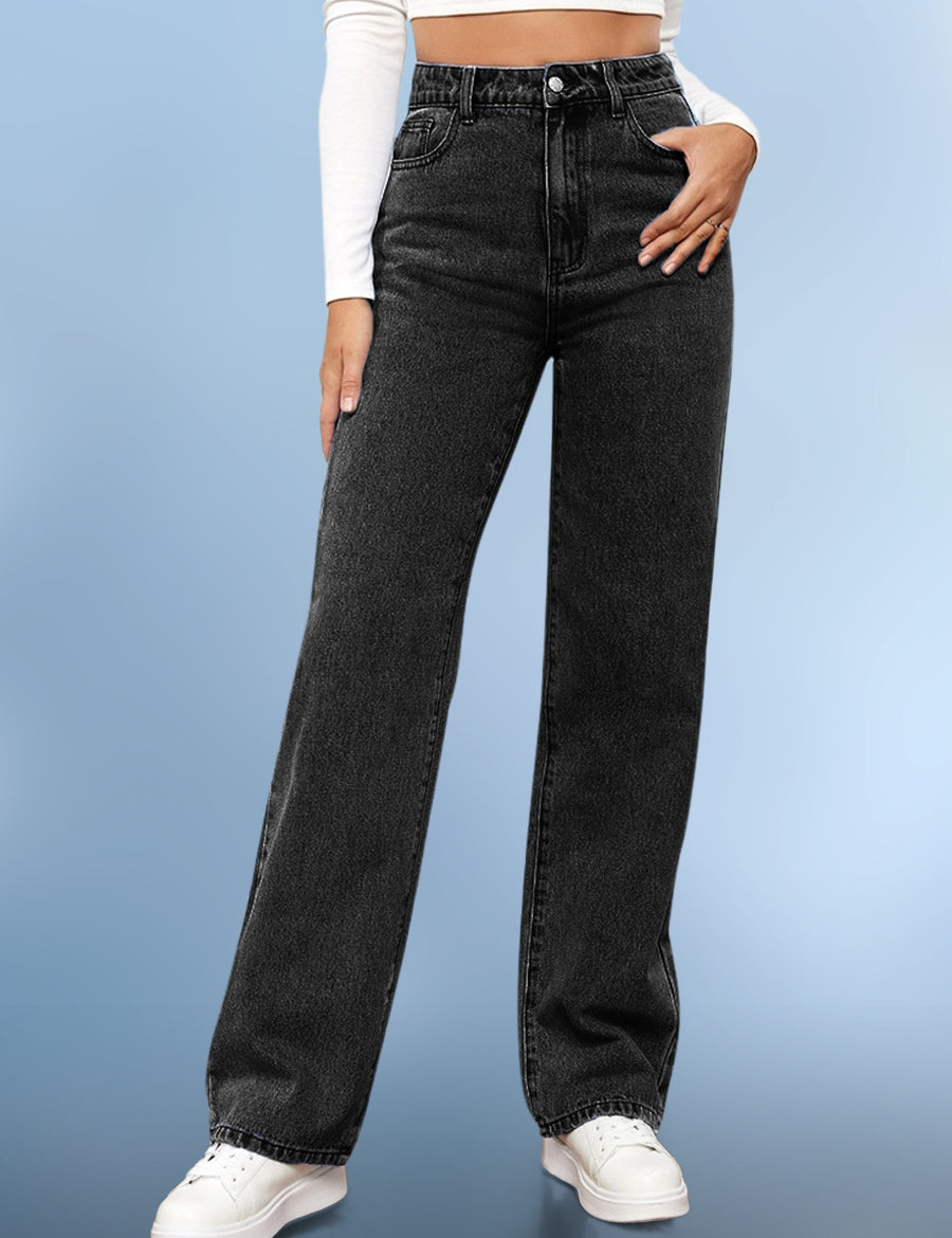 High-Waisted Washed Casual Straight-leg Jeans