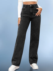 High-Waisted Washed Casual Straight-leg Jeans