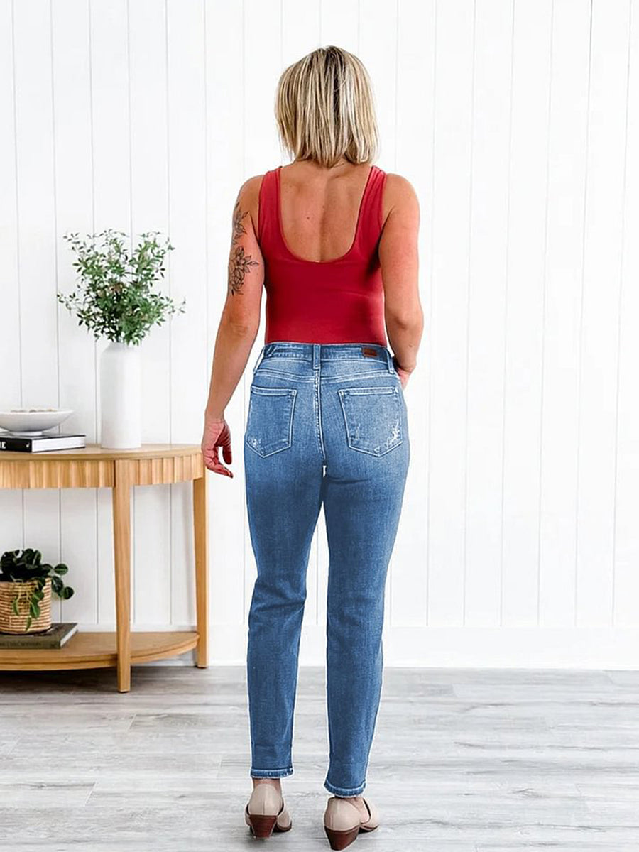 Tummy Control Distressed Cuffed Boyfriend Jeans