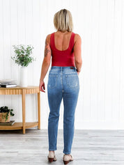 Tummy Control Distressed Cuffed Boyfriend Jeans