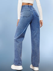 High-Waisted Washed Casual Straight-leg Jeans