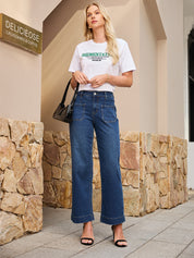 High Waist Patch Pocket Dark Blue Stretch Bell Bottom Jeans