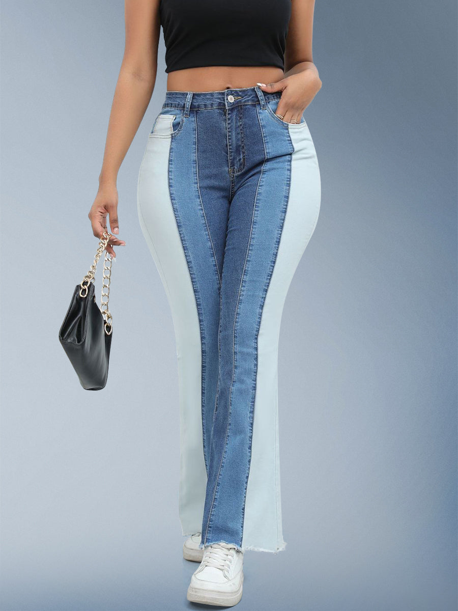 Dark Blue Patches High Waist Flare Jeans For Women