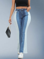 Dark Blue Patches High Waist Flare Jeans For Women