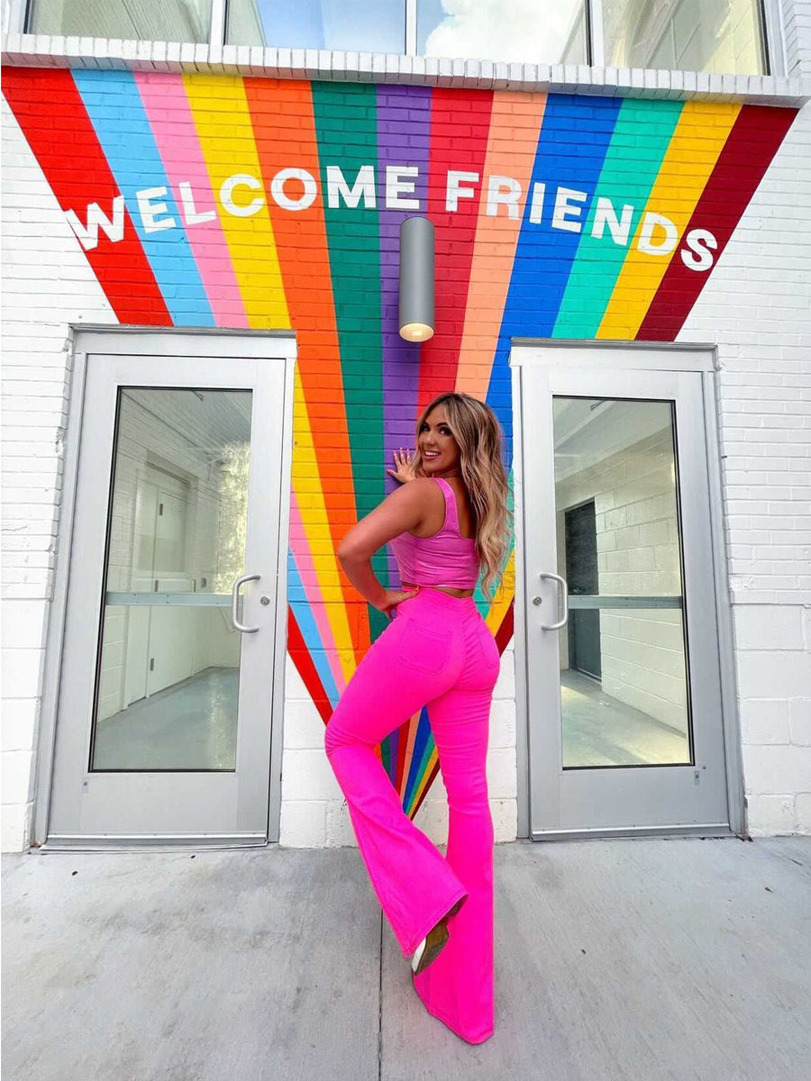 Fiona High Waisted Bell Bottom Flare Jeans - Pink