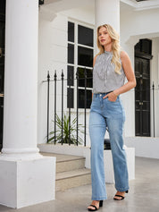 High Waist Wash Stretch Slim Straight-Leg