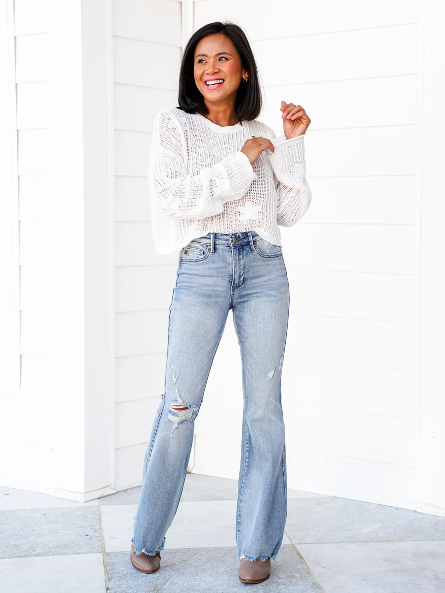 Date Night Mid Rise Medium Wash Tummy Control Distressed Flare Jeans