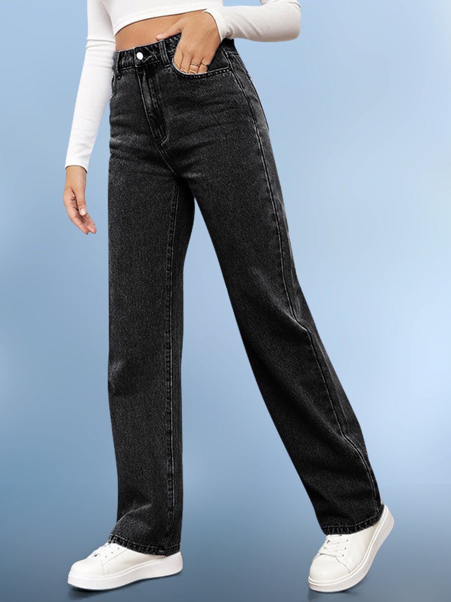 High-Waisted Washed Casual Straight-leg Jeans
