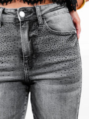 High Rise Grey Rhinestone Straight Leg Jeans
