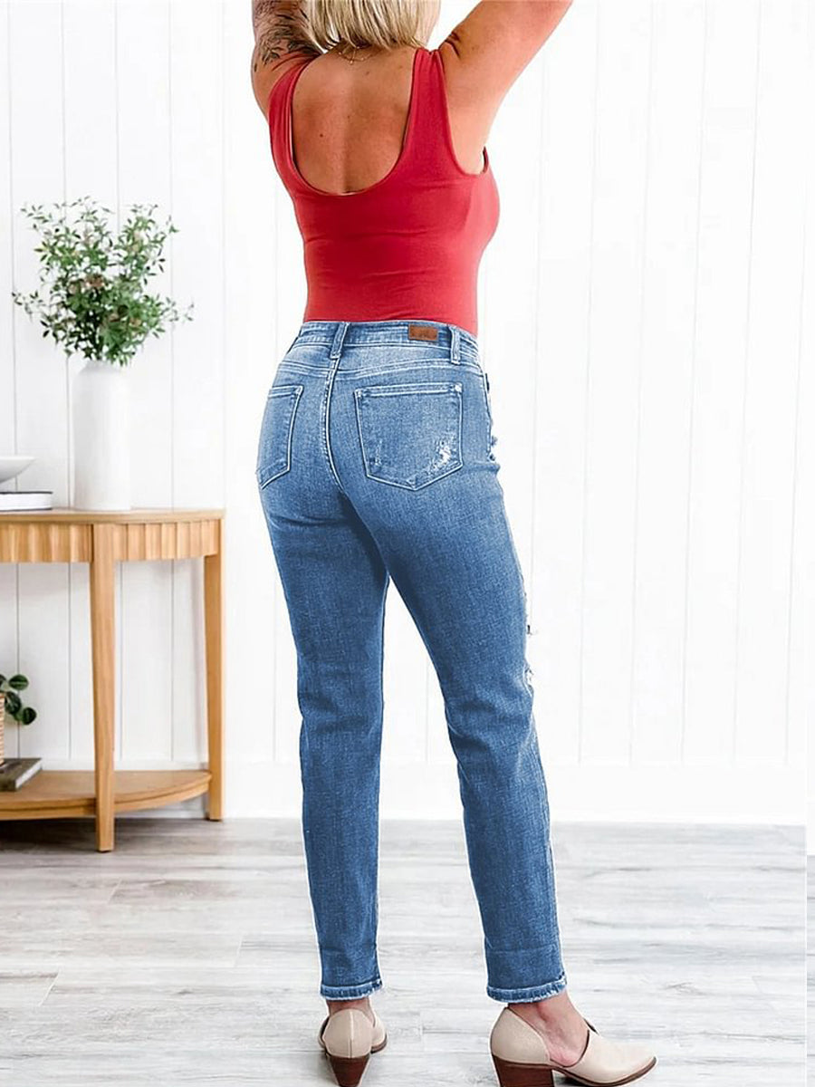 Tummy Control Distressed Cuffed Boyfriend Jeans