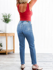 Tummy Control Distressed Cuffed Boyfriend Jeans